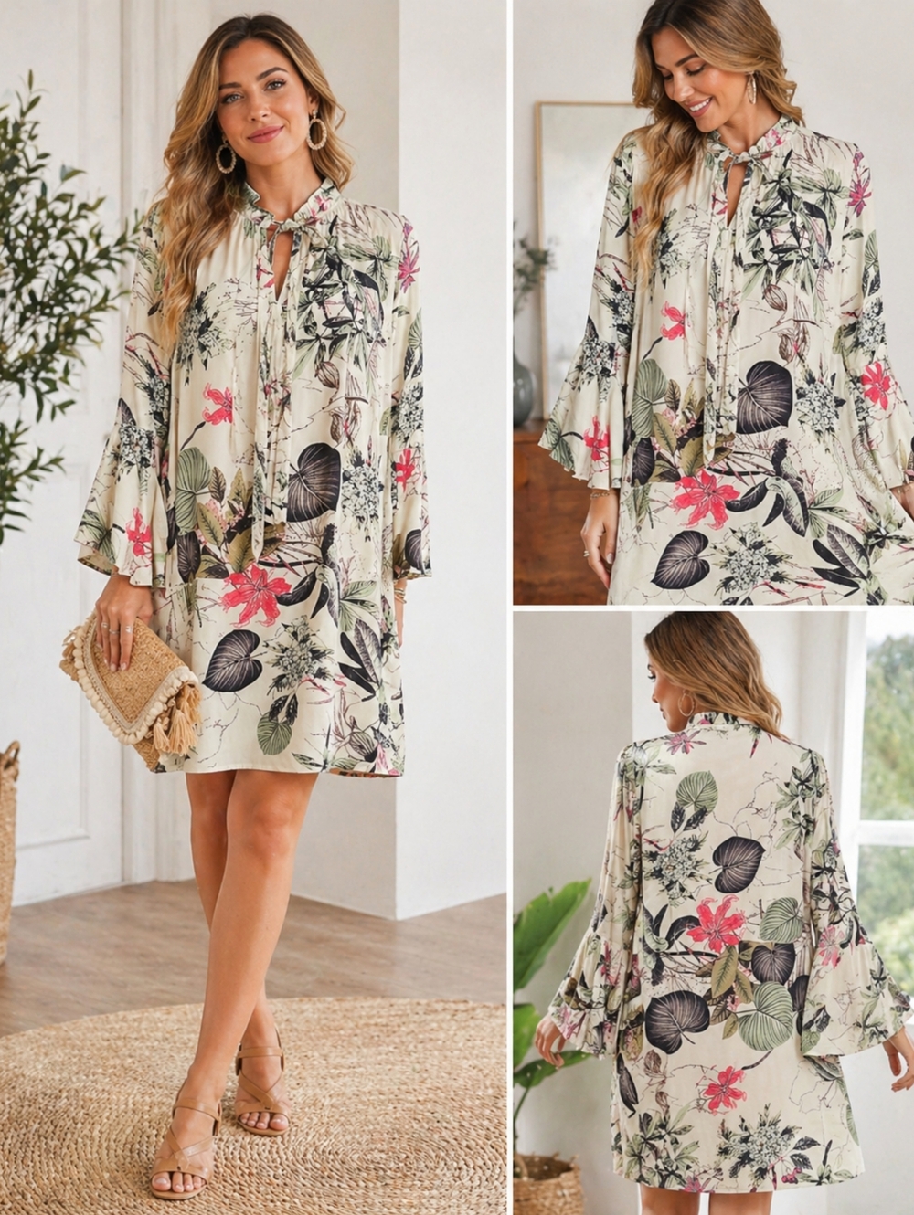 Entro Floral Boho Tunic Dress Bell Sleeve Tie Neck Rayon Size M